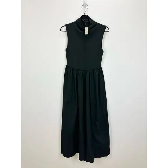 J.Crew Fitted Knit Mockneck Dress Poplin A Line Skirt Black Minimalist XXS NWT - Picture 5 of 12